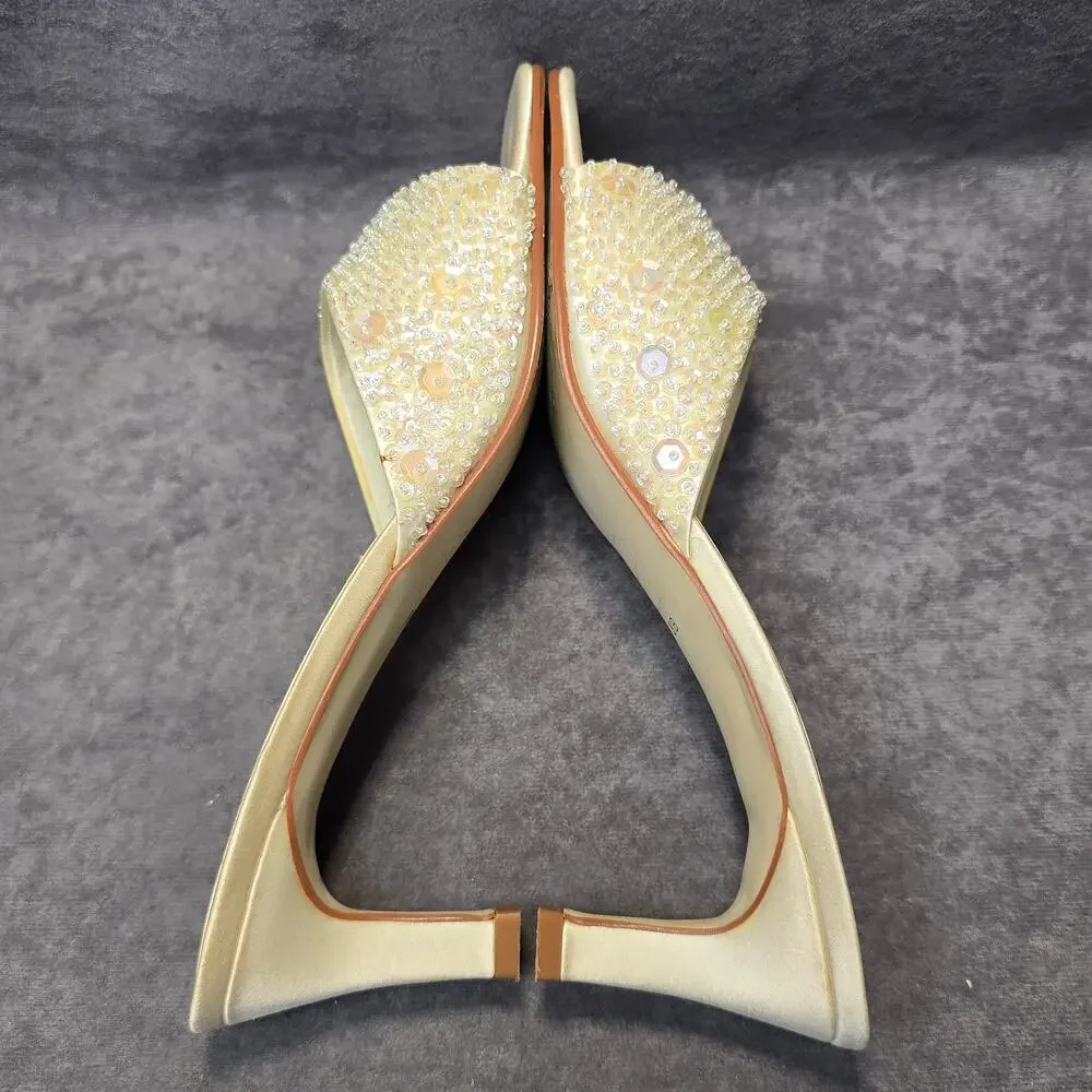 Caparros White Sequin Open Toe Slide On High Heels Mules Women's Size 8B